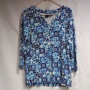 RAFAELLA BLUE AND WHITE KALEIDOSCOPE PRINT SILVER METALLIC RINGS AT NECKLINE XL